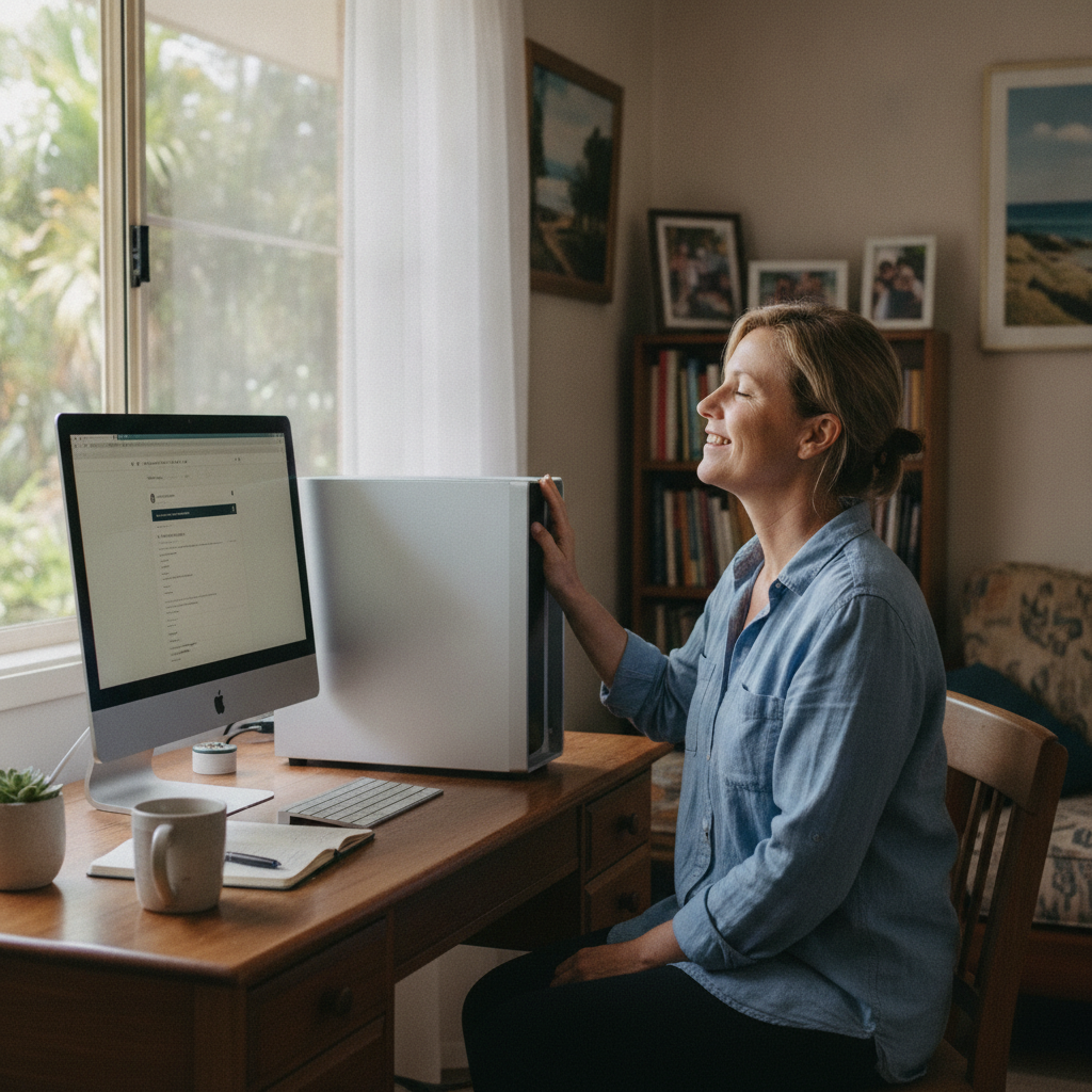 Computer cleaning in Redcliffe North (4020) — a local resident at home with a clean, fast, dust-free computer running cool and quiet