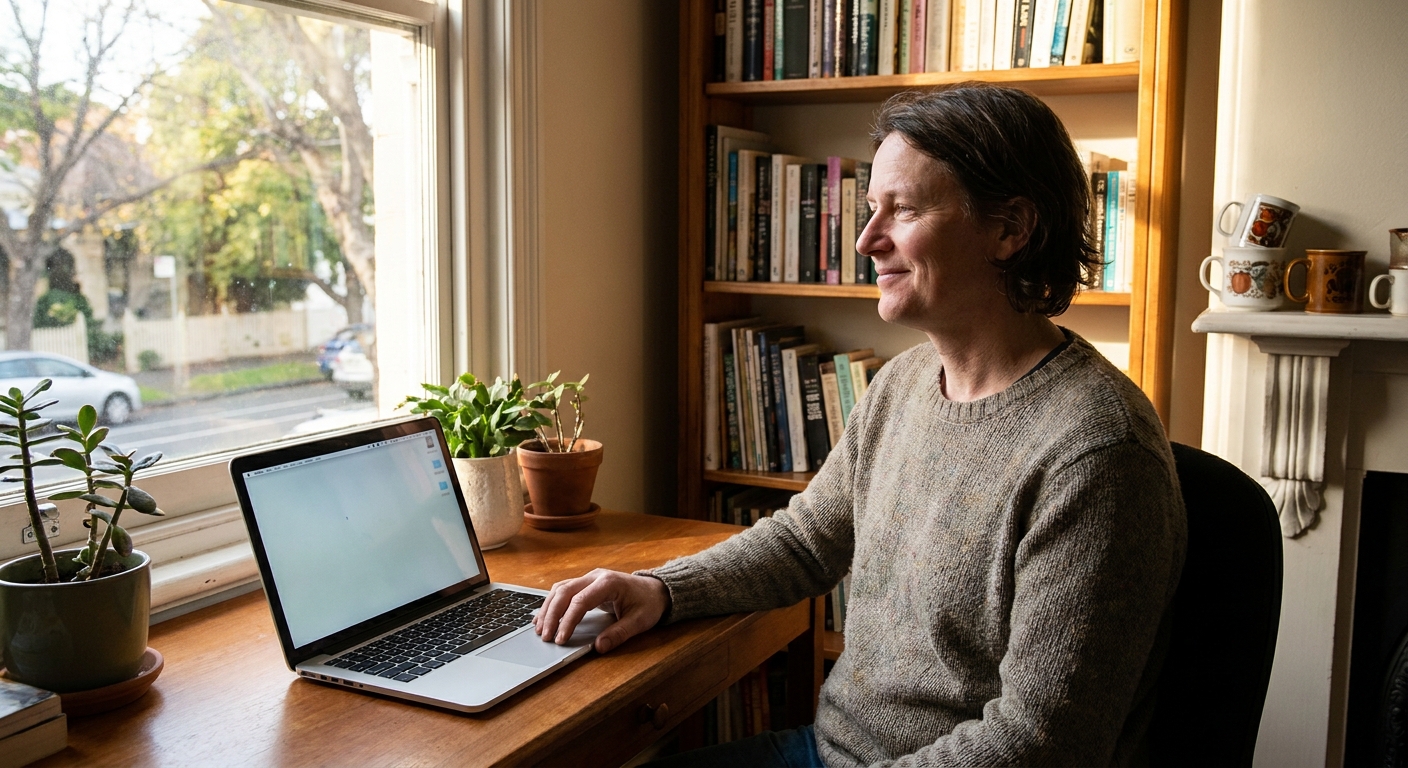 Professional computer clean-out in Richmond (3121) — a happy Victoria resident at home with a spotless, fast, quiet machine