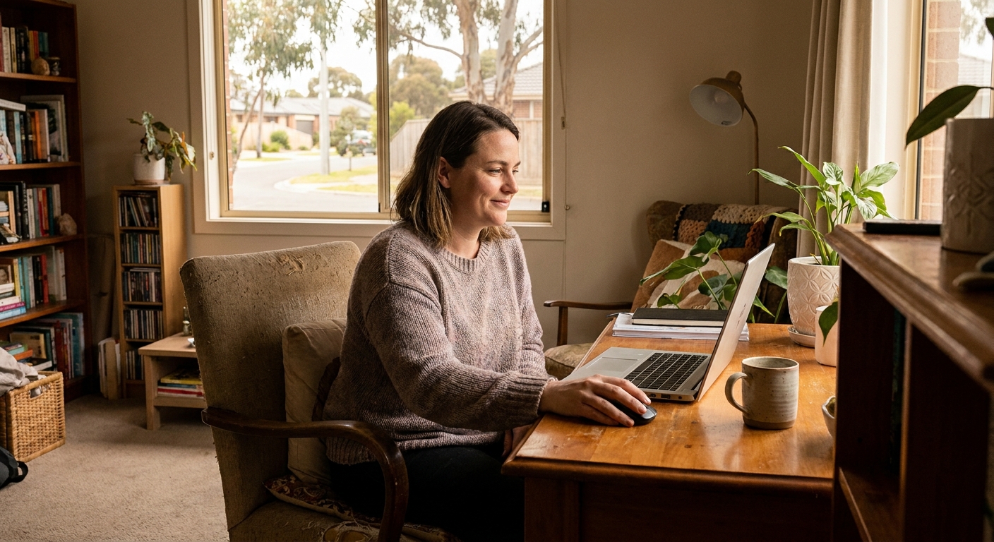 Professional computer clean-out in Rockbank (3335) — a happy Victoria resident at home with a spotless, fast, quiet machine