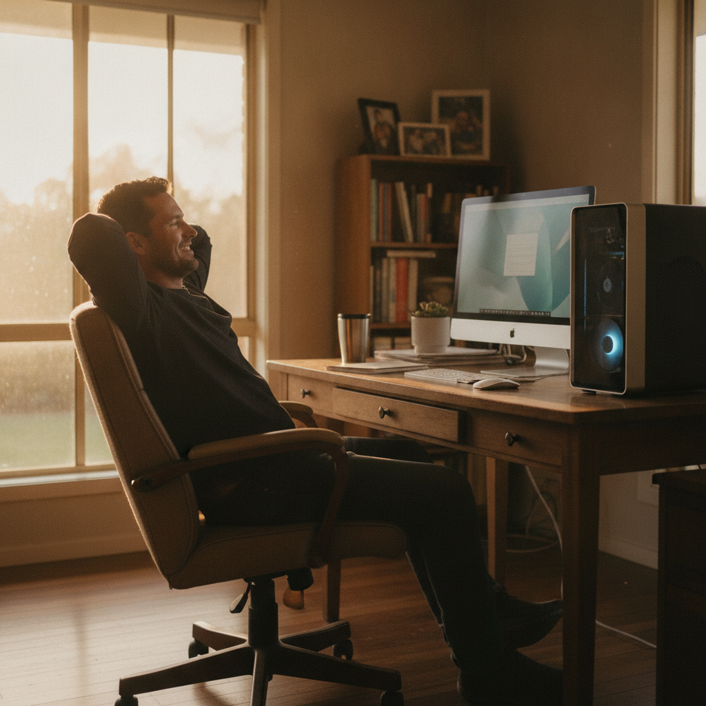 Professional computer clean-out in Rocksberg (4510) — a happy Queensland resident at home with a spotless, fast, quiet machine
