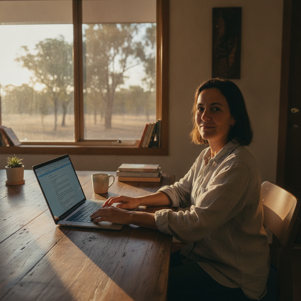Professional computer clean-out in Rocky Glen (2357) — a happy New South Wales resident at home with a spotless, fast, quiet machine