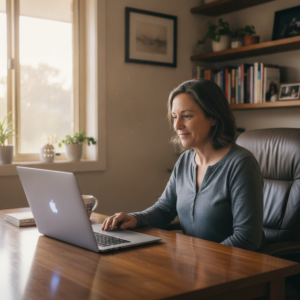 Professional computer clean-out in Ropers Road (2395) — a happy New South Wales resident at home with a spotless, fast, quiet machine