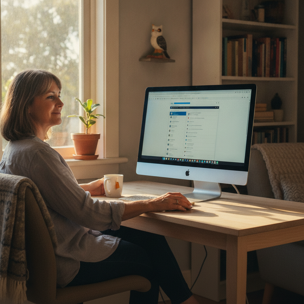 Professional computer clean-out in Roseberg (2793) — a happy New South Wales resident at home with a spotless, fast, quiet machine
