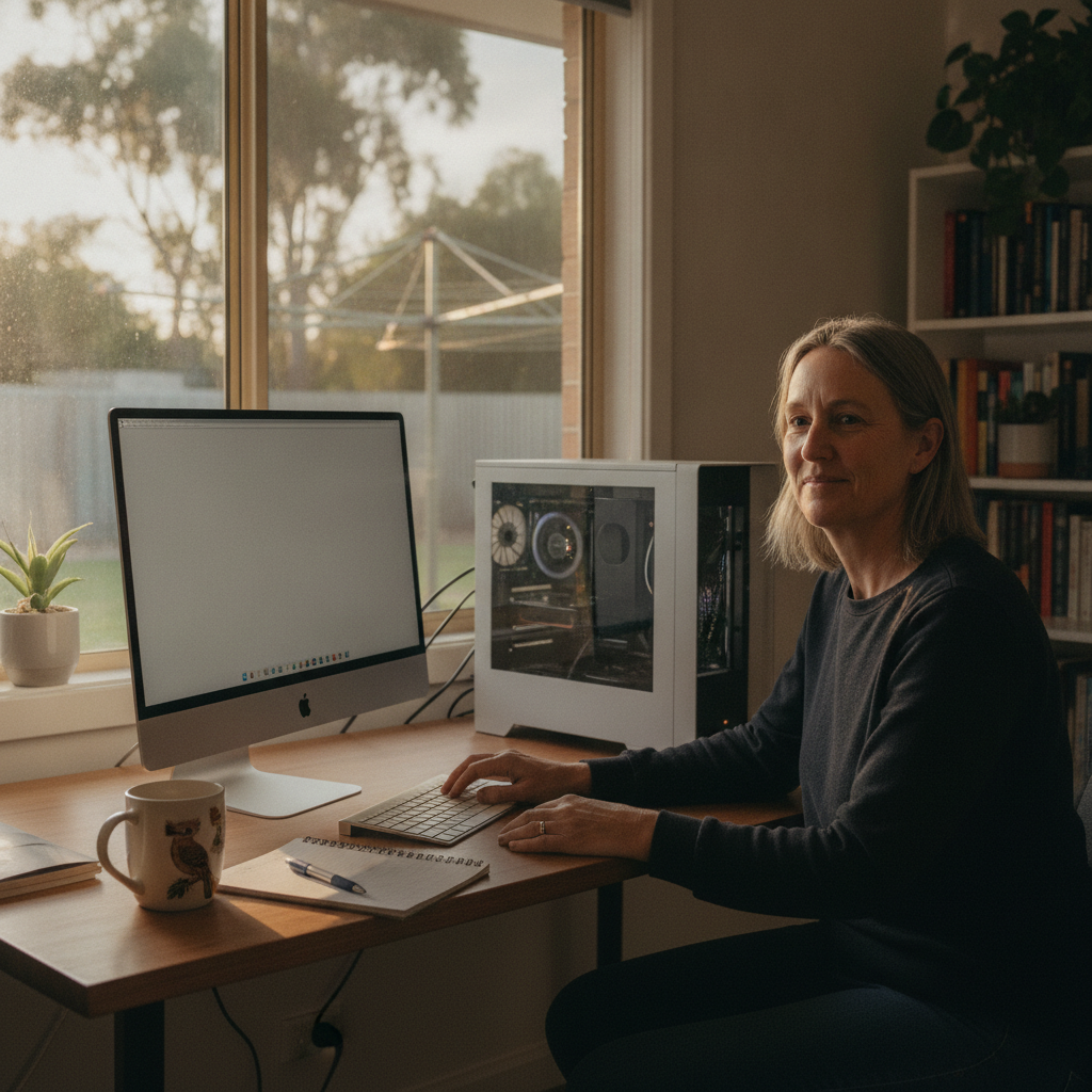 Professional computer clean-out in Rushes Creek (2346) — a happy New South Wales resident at home with a spotless, fast, quiet machine