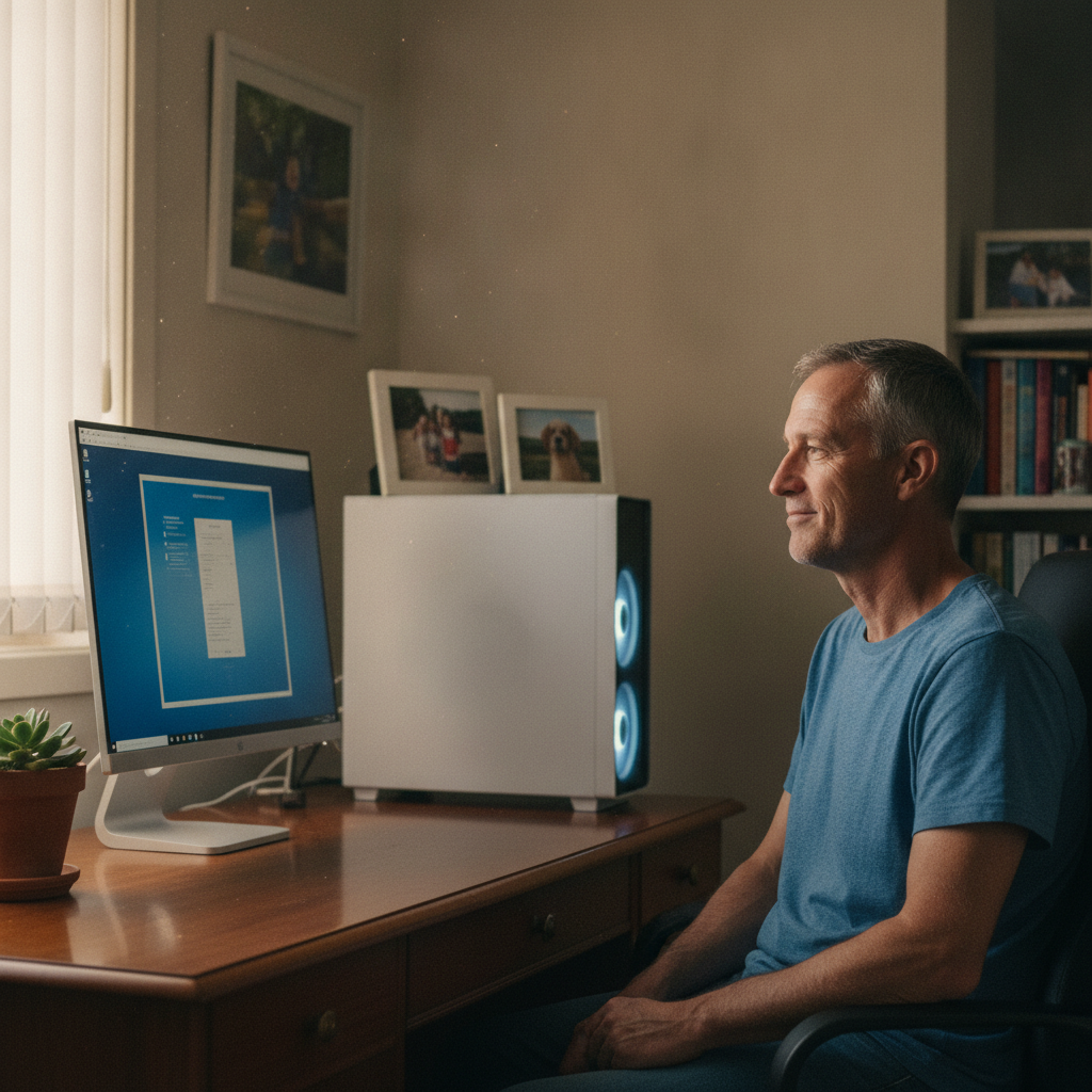 Professional computer clean-out in Sadleir (2168) — a happy New South Wales resident at home with a spotless, fast, quiet machine