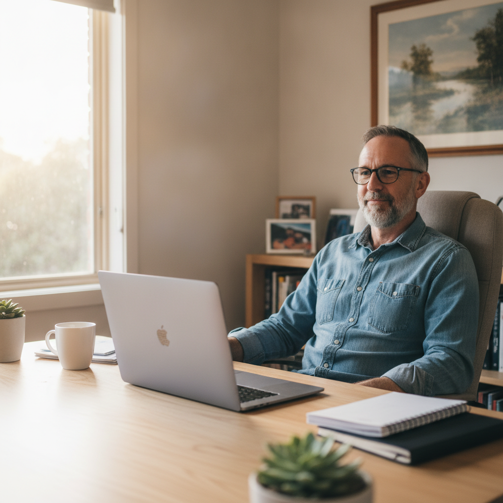 Professional computer clean-out in Sandy Bay (7006) — a happy Tasmania resident at home with a spotless, fast, quiet machine
