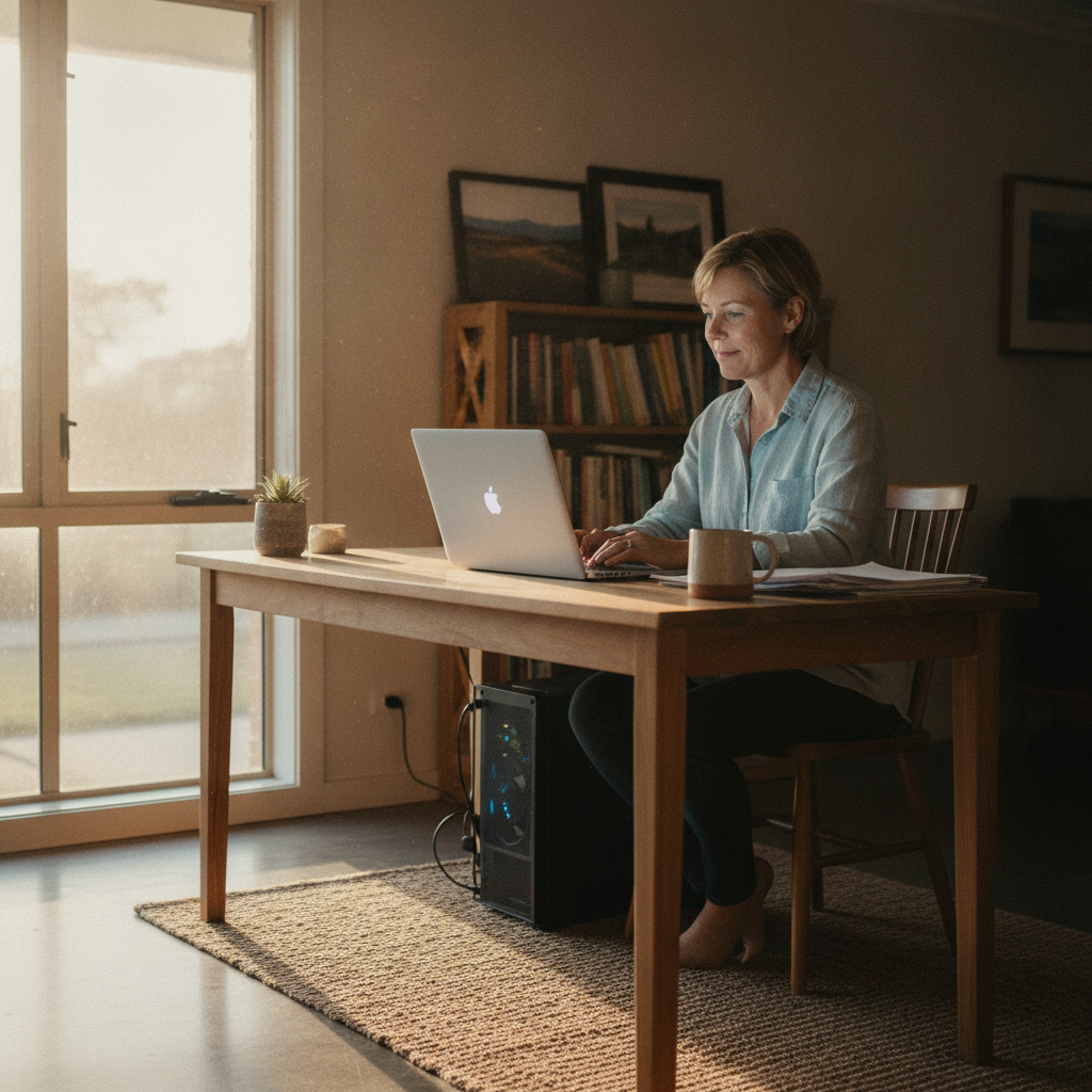 Professional computer clean-out in Sandy Crossing (2460) — a happy New South Wales resident at home with a spotless, fast, quiet machine