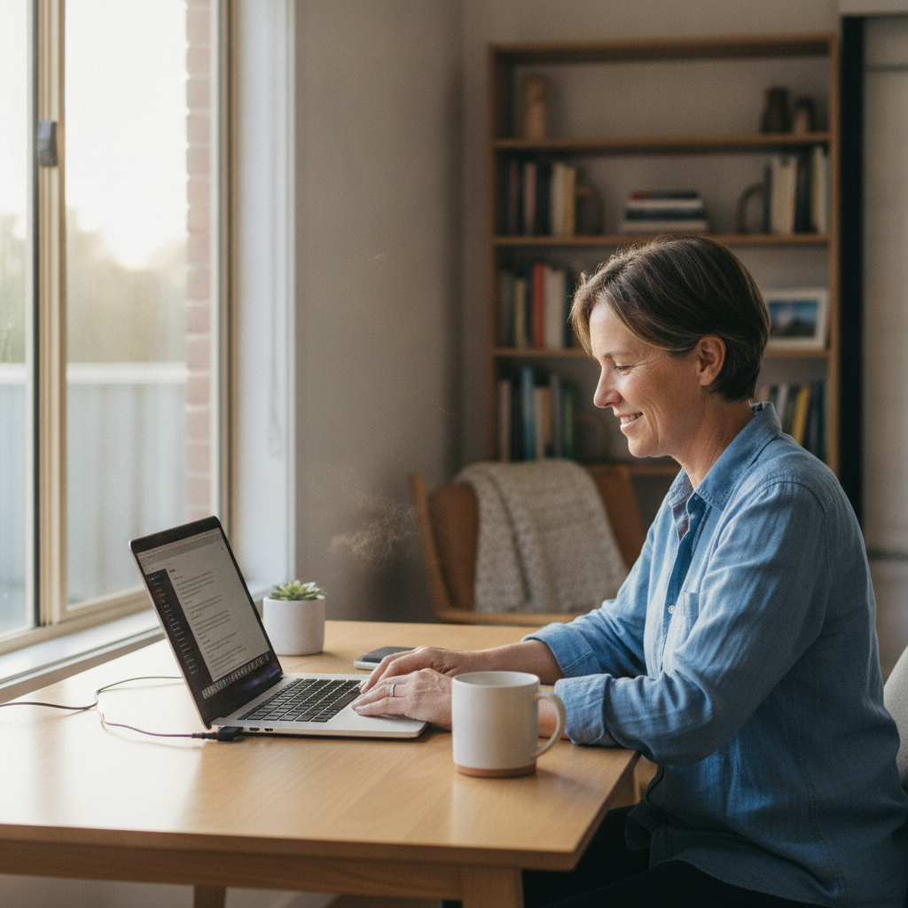 Professional computer clean-out in Sandy Hill (2372) — a happy New South Wales resident at home with a spotless, fast, quiet machine
