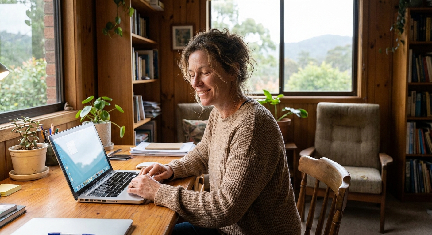 Professional computer clean-out in Sassafras (3787) — a happy Victoria resident at home with a spotless, fast, quiet machine