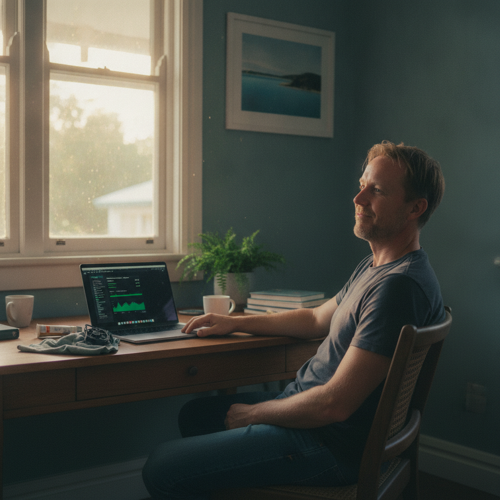 Professional computer clean-out in Scarborough (4020) — a happy Queensland resident at home with a spotless, fast, quiet machine
