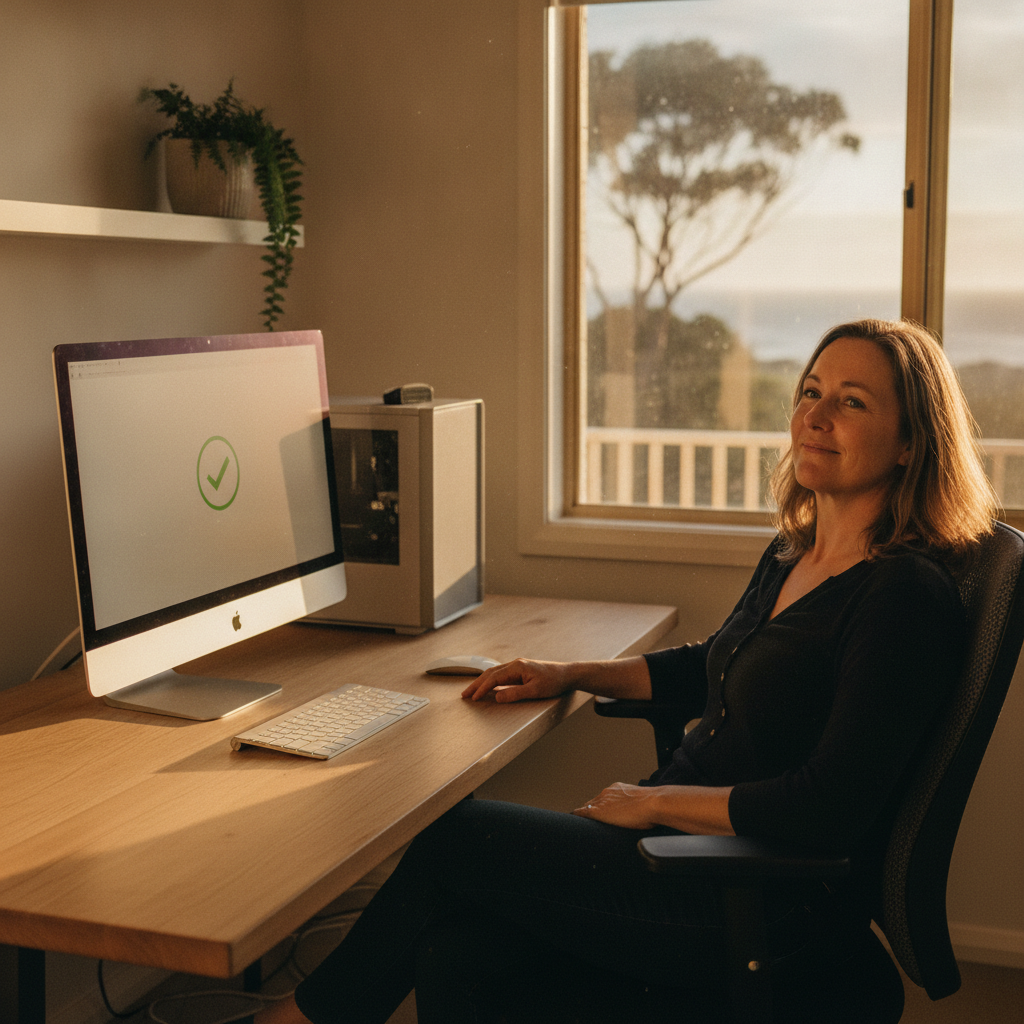 Professional computer clean-out in Seacliff (5049) — a happy South Australia resident at home with a spotless, fast, quiet machine