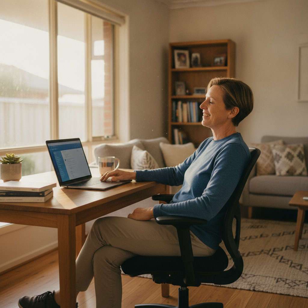 Professional computer clean-out in Seacombe Gardens (5047) — a happy South Australia resident at home with a spotless, fast, quiet machine
