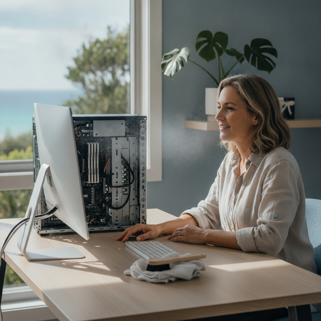 Professional computer clean-out in Shelly Beach (2261) — a happy New South Wales resident at home with a spotless, fast, quiet machine