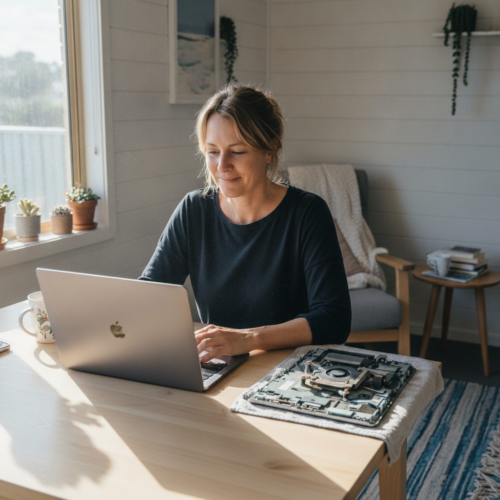 Professional computer clean-out in Shoalwater (6169) — a happy Western Australia resident at home with a spotless, fast, quiet machine