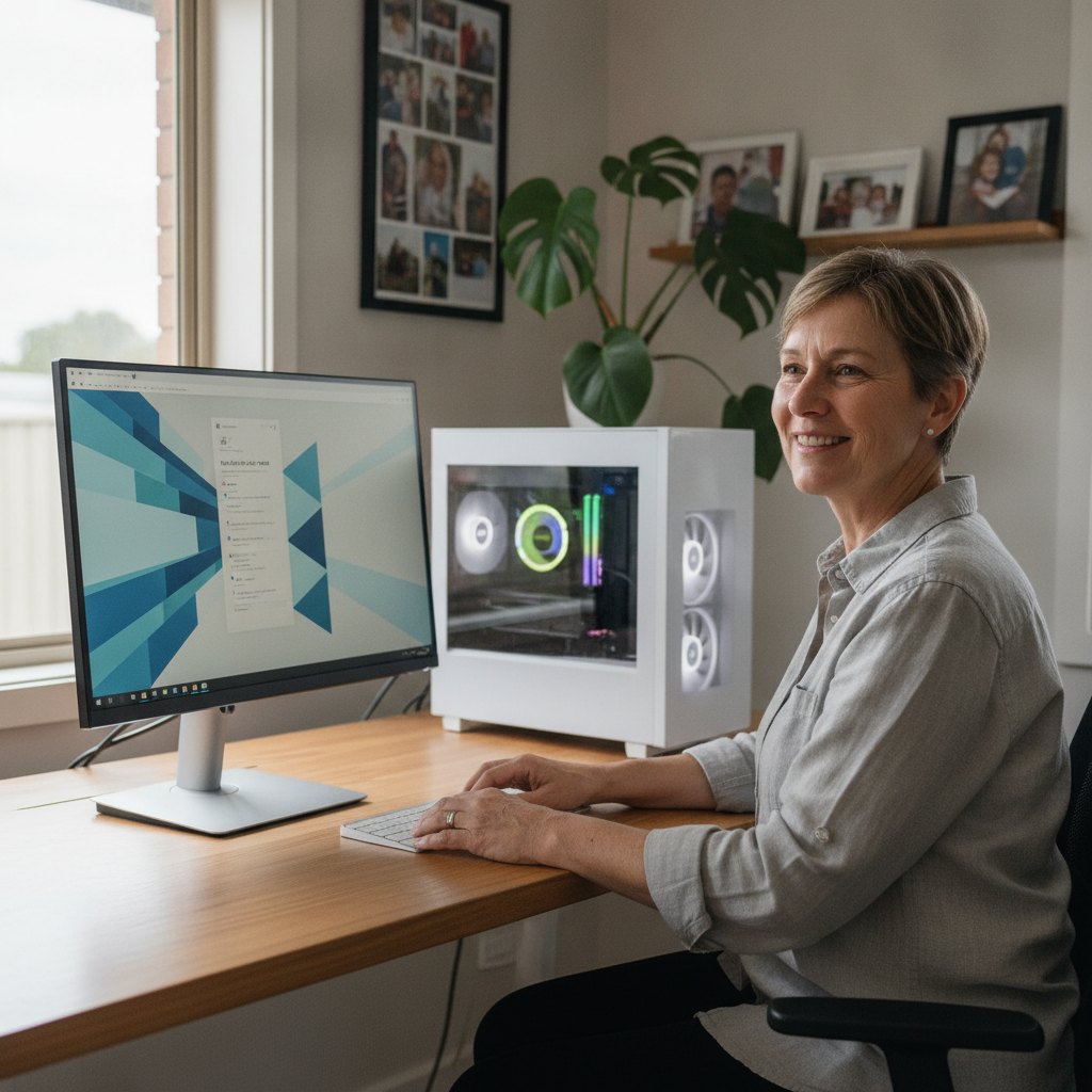 Professional computer clean-out in Silverdale (2752) — a happy New South Wales resident at home with a spotless, fast, quiet machine