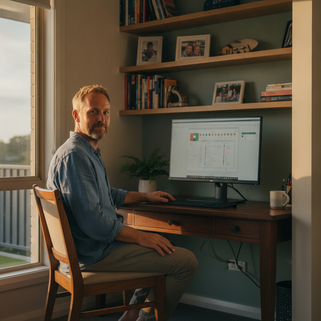 Professional computer clean-out in Skennars Head (2478) — a happy New South Wales resident at home with a spotless, fast, quiet machine