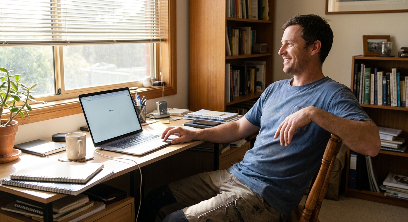 Professional computer clean-out in Skye (3977) — a happy Victoria resident at home with a spotless, fast, quiet machine