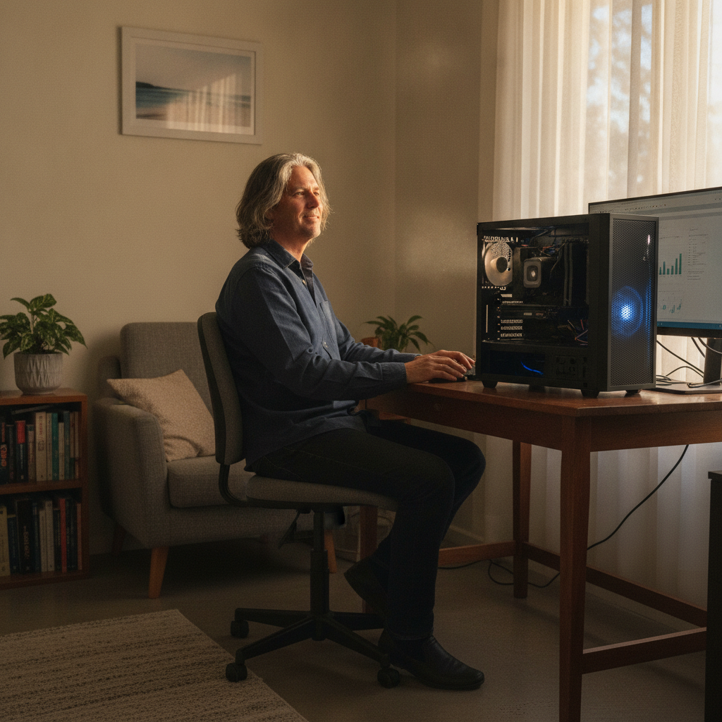 Professional computer clean-out in Slacks Creek (4127) — a happy Queensland resident at home with a spotless, fast, quiet machine