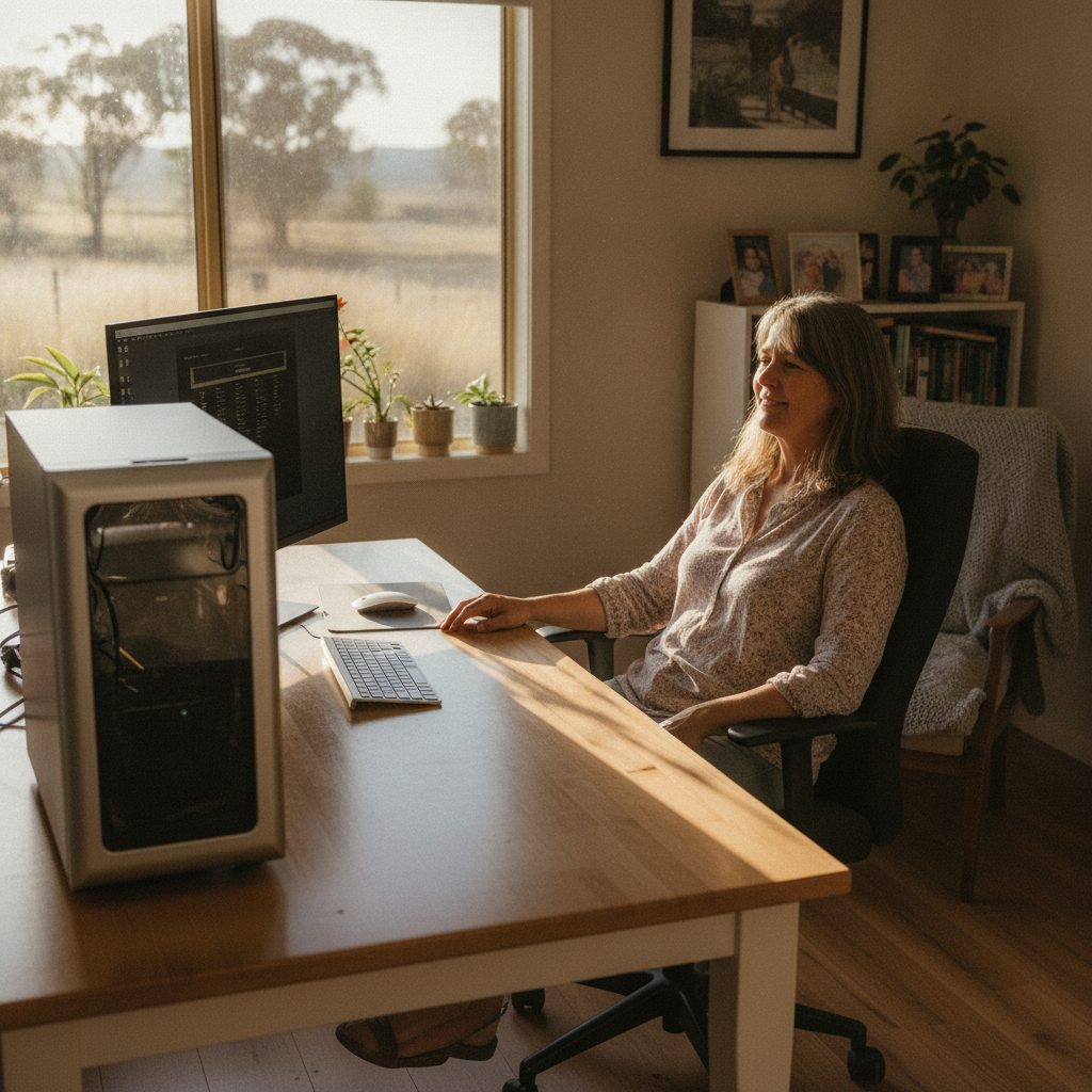 Professional computer clean-out in Sodwalls (2790) — a happy New South Wales resident at home with a spotless, fast, quiet machine