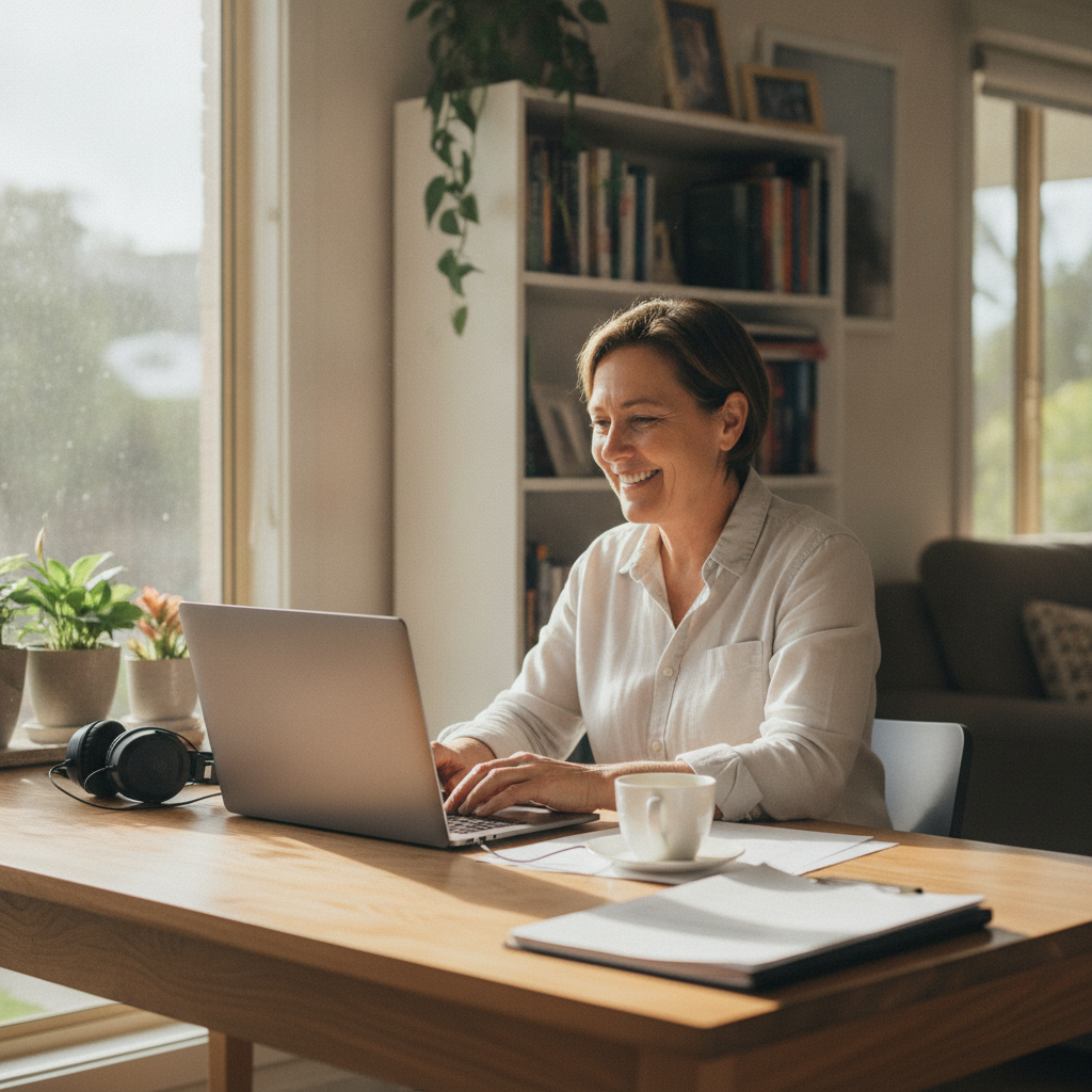 Professional computer clean-out in South Brisbane (4101) — a happy Queensland resident at home with a spotless, fast, quiet machine