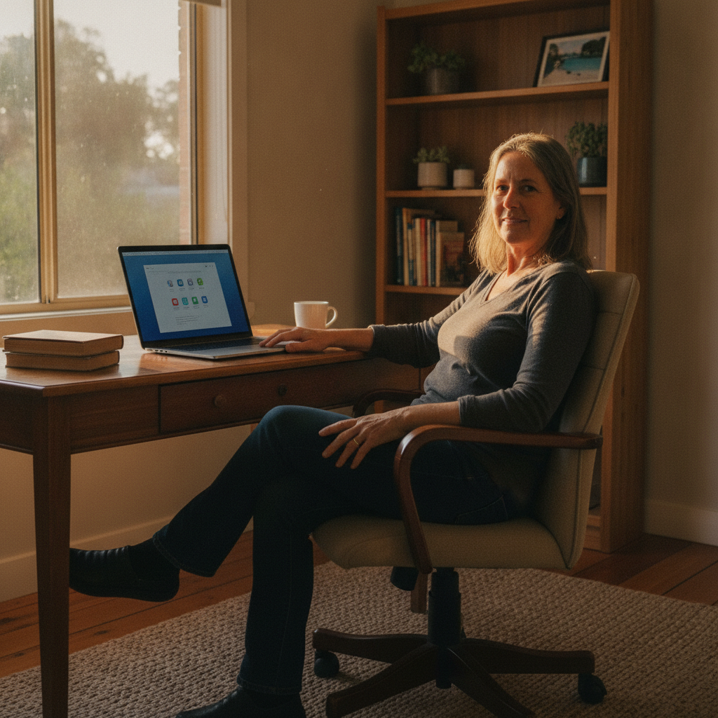 Professional computer clean-out in South Littleton (2790) — a happy New South Wales resident at home with a spotless, fast, quiet machine