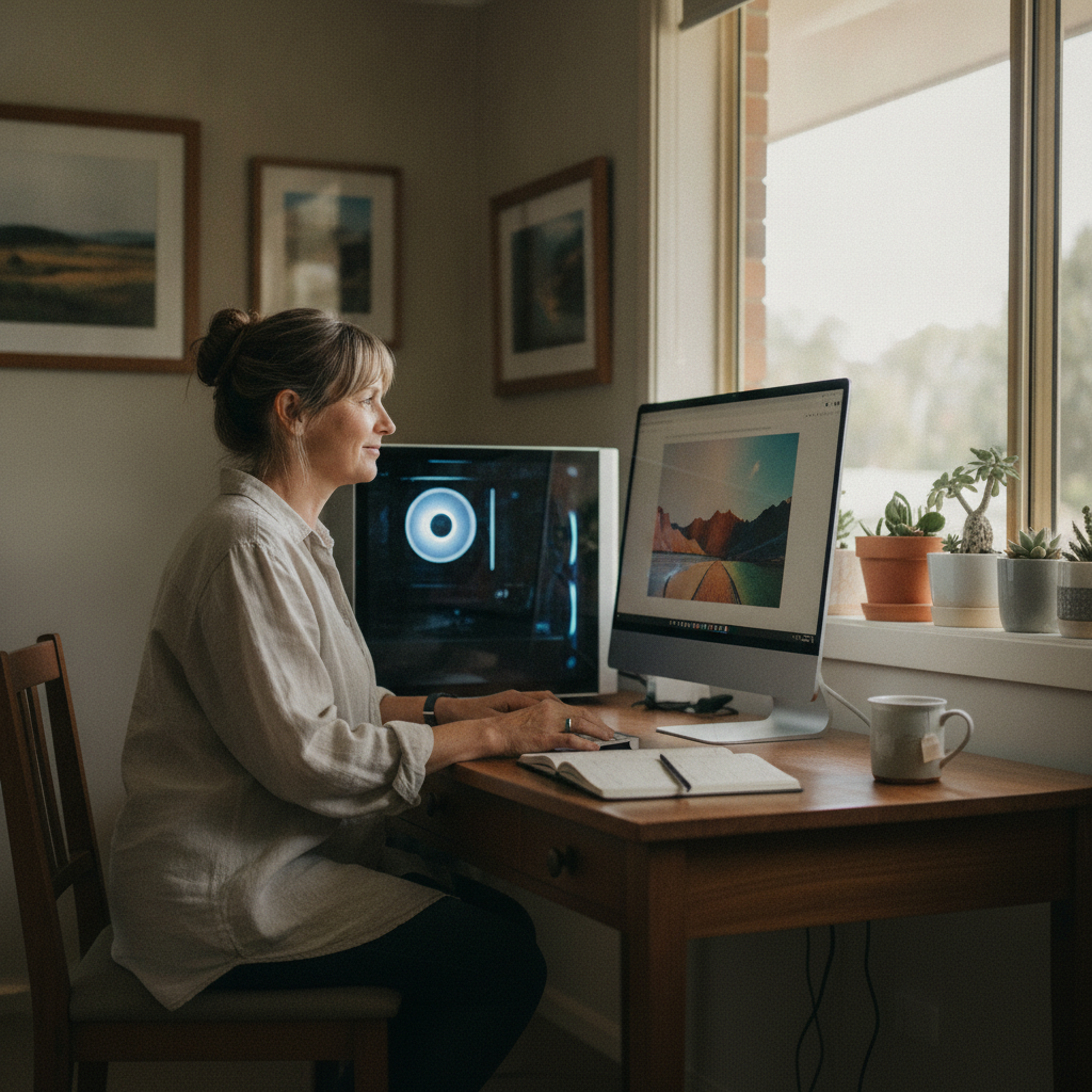 Professional computer clean-out in Spence (2615) — a happy the ACT resident at home with a spotless, fast, quiet machine