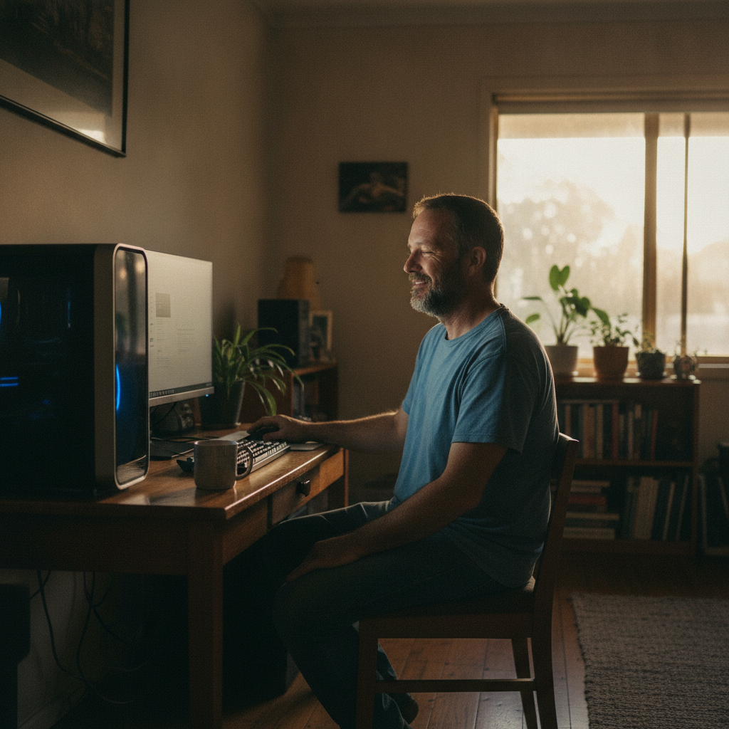 Professional computer clean-out in Spicers Creek (2820) — a happy New South Wales resident at home with a spotless, fast, quiet machine