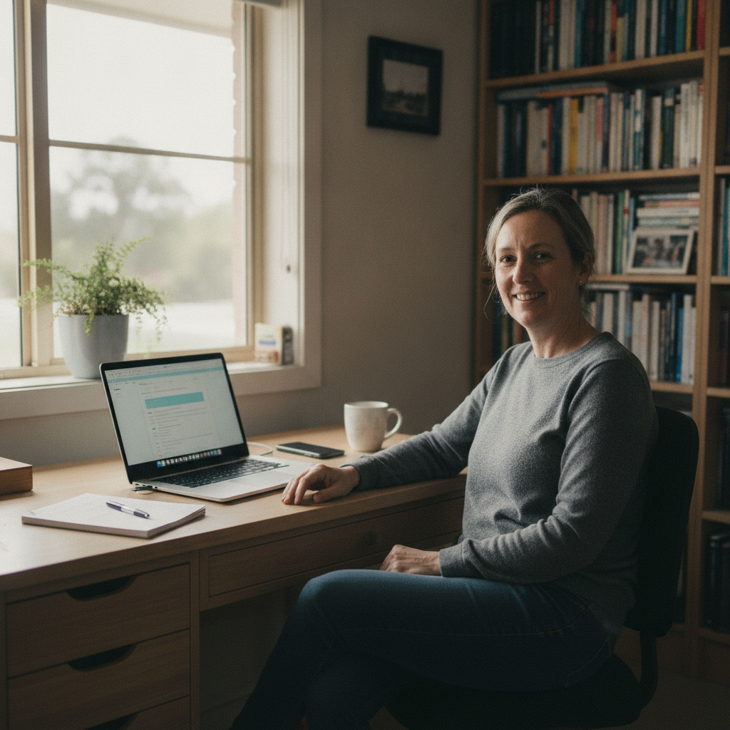 Professional computer clean-out in Spreyton (7310) — a happy Tasmania resident at home with a spotless, fast, quiet machine
