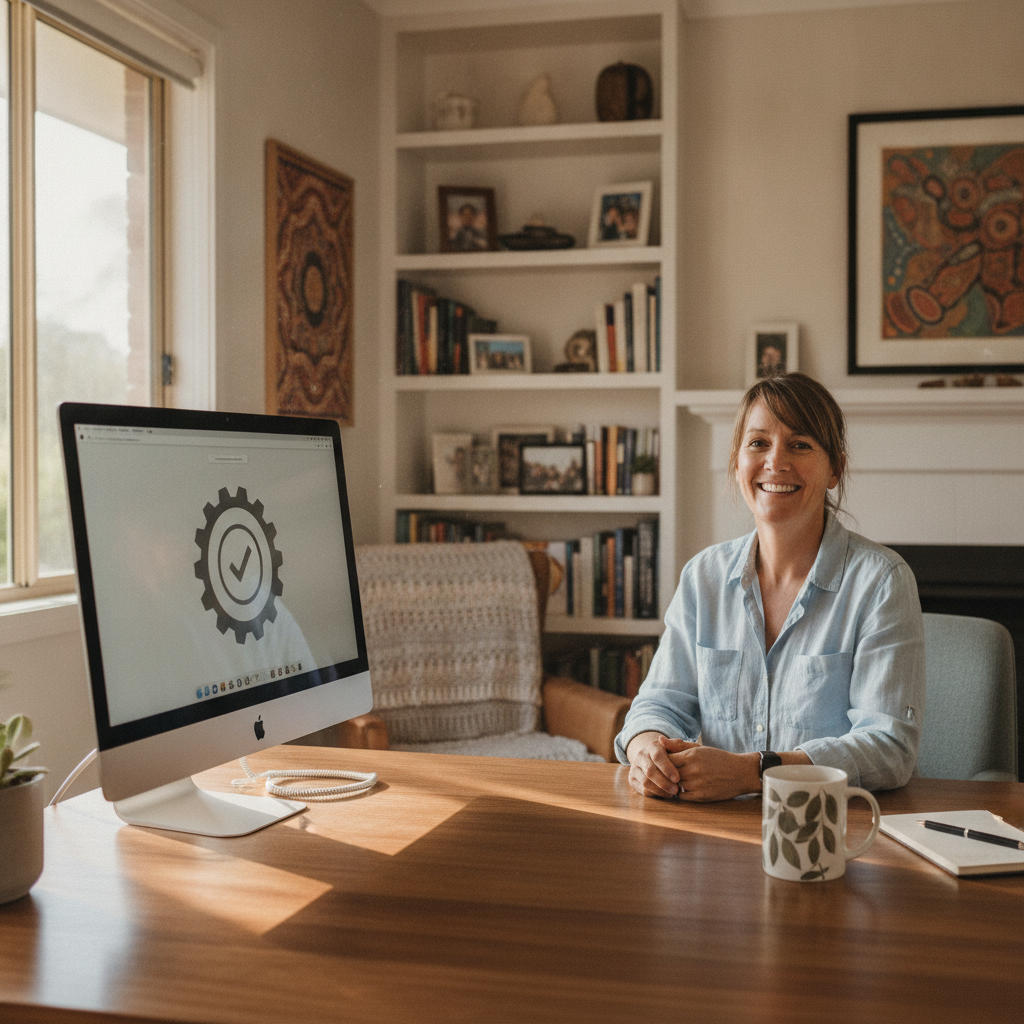 Professional computer clean-out in Springfield (2250) — a happy New South Wales resident at home with a spotless, fast, quiet machine