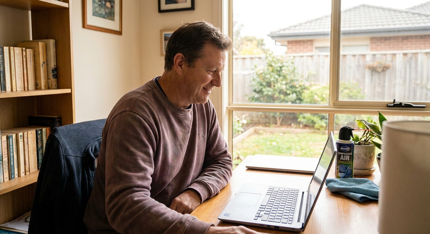 Computer cleaning in St Albans Park (3219) — a local resident at home with a clean, fast, dust-free computer running cool and quiet