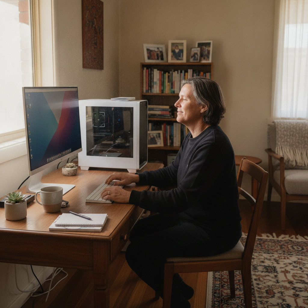 Professional computer clean-out in St Andrews (2566) — a happy New South Wales resident at home with a spotless, fast, quiet machine
