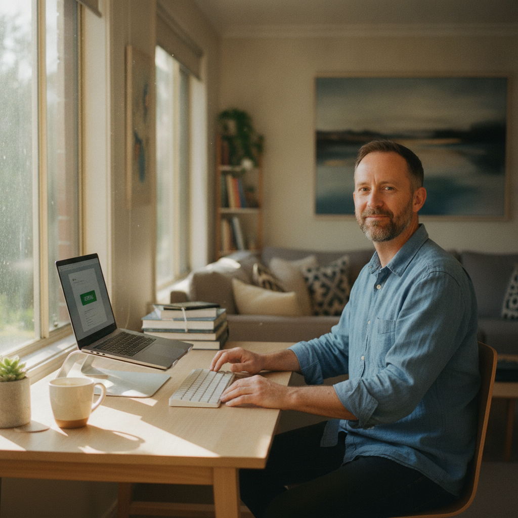 Professional computer clean-out in St Leonards (2065) — a happy New South Wales resident at home with a spotless, fast, quiet machine