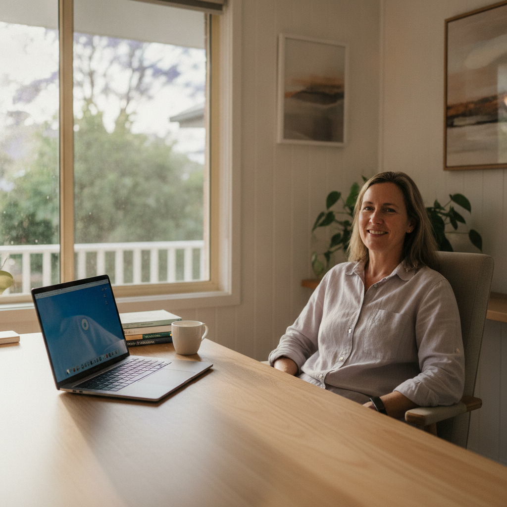 Professional computer clean-out in Stafford Heights (4053) — a happy Queensland resident at home with a spotless, fast, quiet machine