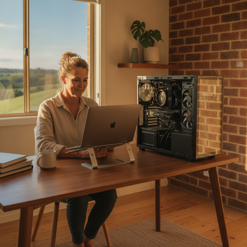Professional computer clean-out in Stanbridge (2705) — a happy New South Wales resident at home with a spotless, fast, quiet machine