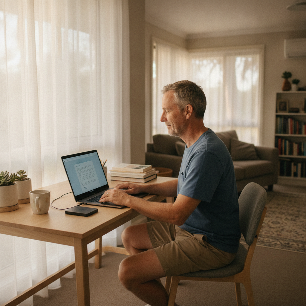 Professional computer clean-out in Stockrington (2322) — a happy New South Wales resident at home with a spotless, fast, quiet machine
