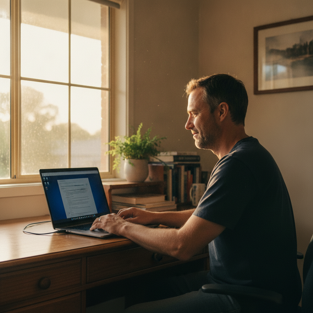 Professional computer clean-out in Stokers Siding (2484) — a happy New South Wales resident at home with a spotless, fast, quiet machine