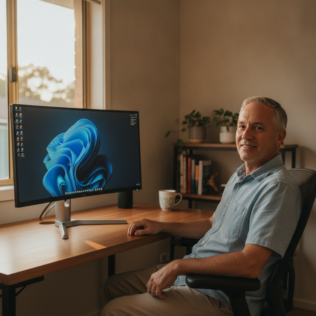 Professional computer clean-out in Stretton (4116) — a happy Queensland resident at home with a spotless, fast, quiet machine