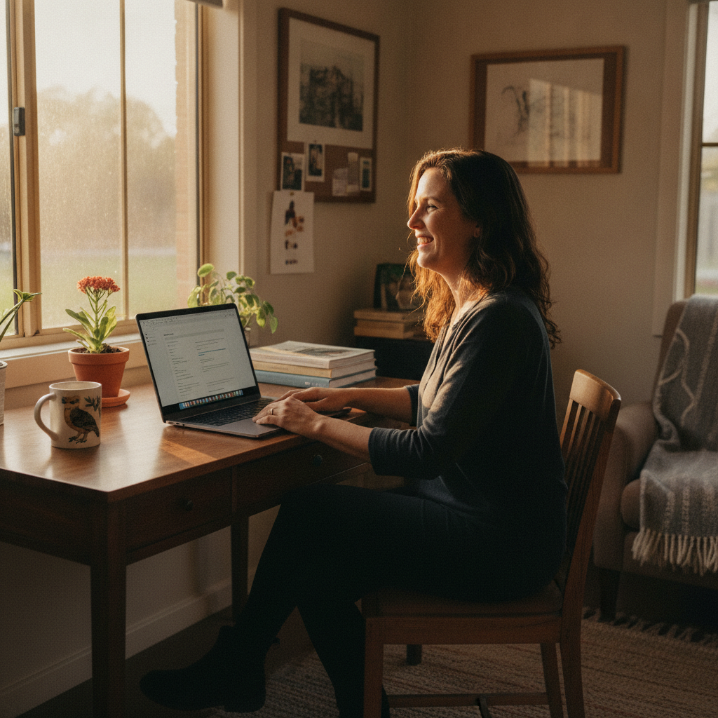 Professional computer clean-out in Stroud (2425) — a happy New South Wales resident at home with a spotless, fast, quiet machine