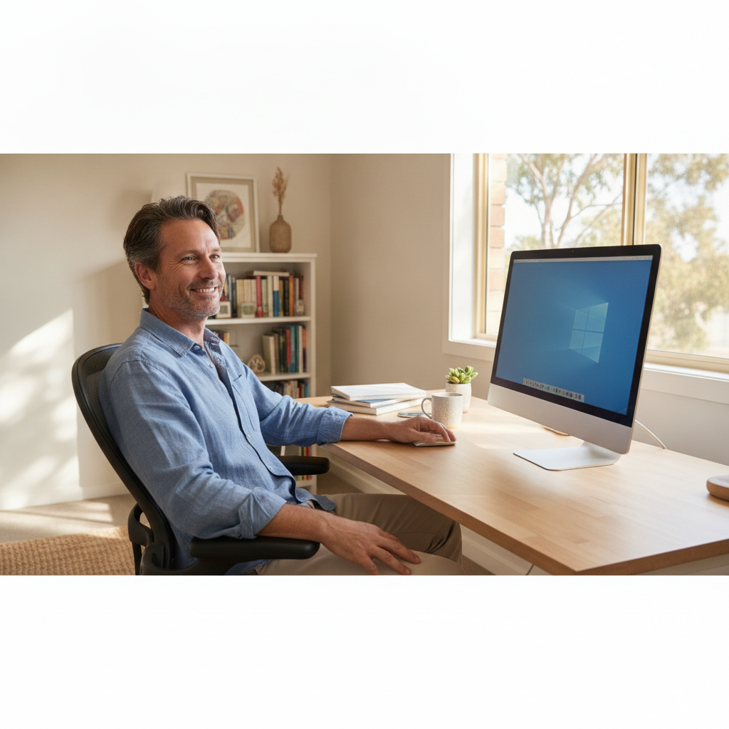 Professional computer clean-out in Success (6164) — a happy Western Australia resident at home with a spotless, fast, quiet machine