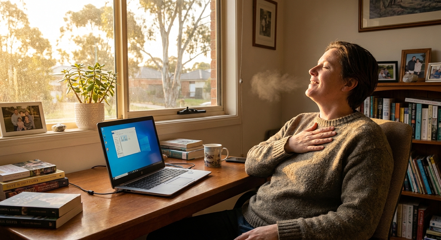 Professional computer clean-out in Sunbury (3429) — a happy Victoria resident at home with a spotless, fast, quiet machine
