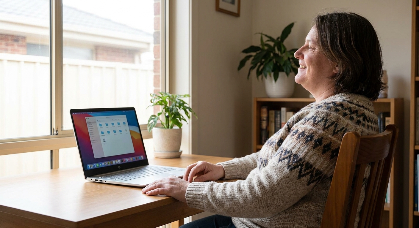 Professional computer clean-out in Sunshine West (3020) — a happy Victoria resident at home with a spotless, fast, quiet machine