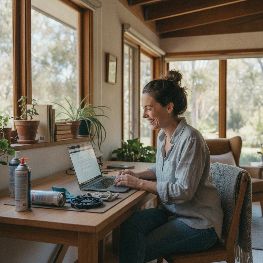 Professional computer clean-out in Sutton (2620) — a happy New South Wales resident at home with a spotless, fast, quiet machine