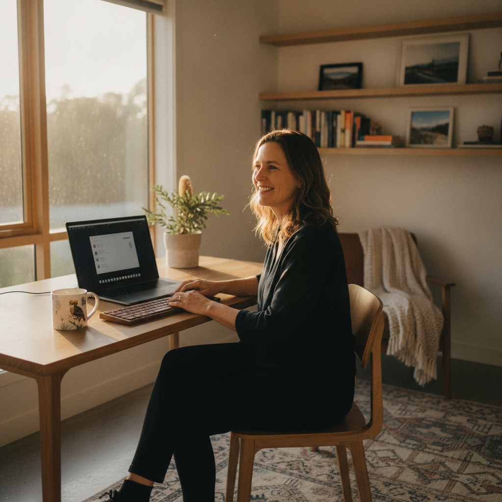 Professional computer clean-out in Swan Bay (2324) — a happy New South Wales resident at home with a spotless, fast, quiet machine