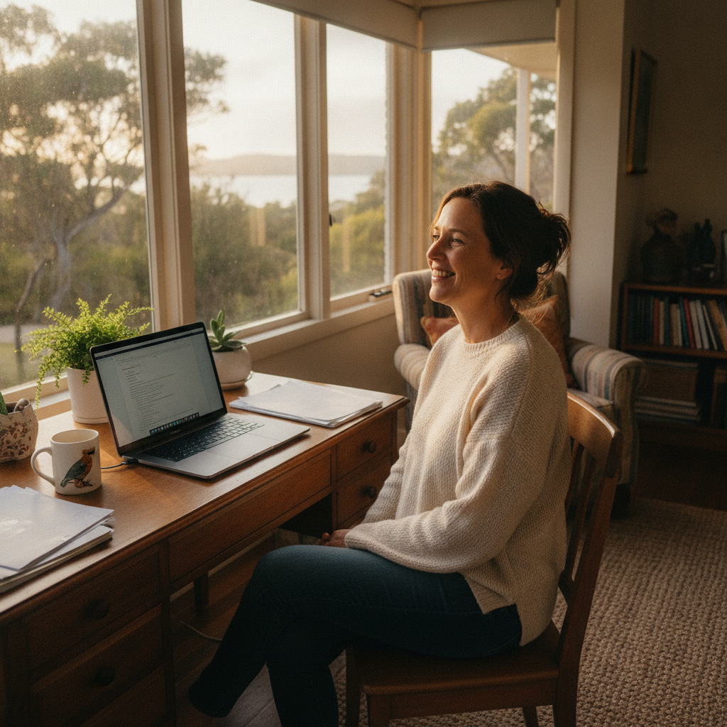 Professional computer clean-out in Swan Bay (7252) — a happy Tasmania resident at home with a spotless, fast, quiet machine
