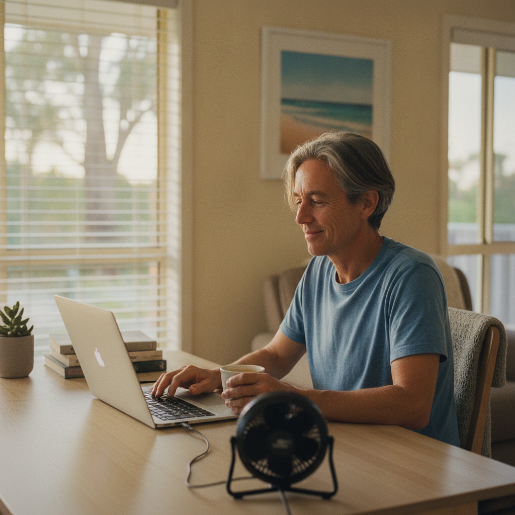 Professional computer clean-out in Sylvania Southgate (2224) — a happy New South Wales resident at home with a spotless, fast, quiet machine