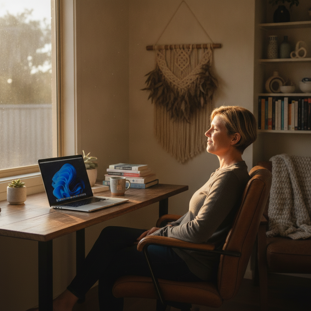 Professional computer clean-out in Taloumbi (2463) — a happy New South Wales resident at home with a spotless, fast, quiet machine