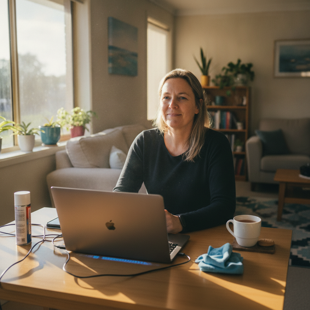Professional computer clean-out in Tanilba Bay (2319) — a happy New South Wales resident at home with a spotless, fast, quiet machine