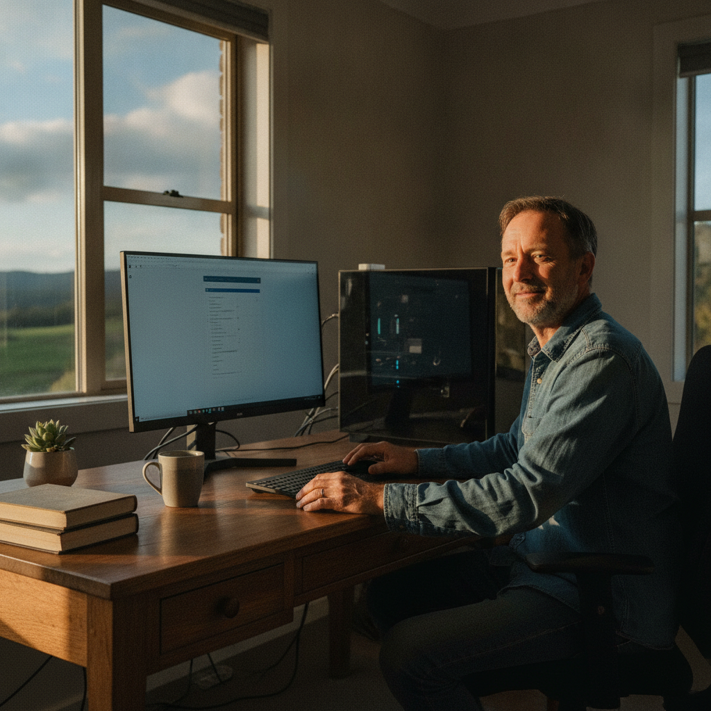 Professional computer clean-out in Targa (7259) — a happy Tasmania resident at home with a spotless, fast, quiet machine