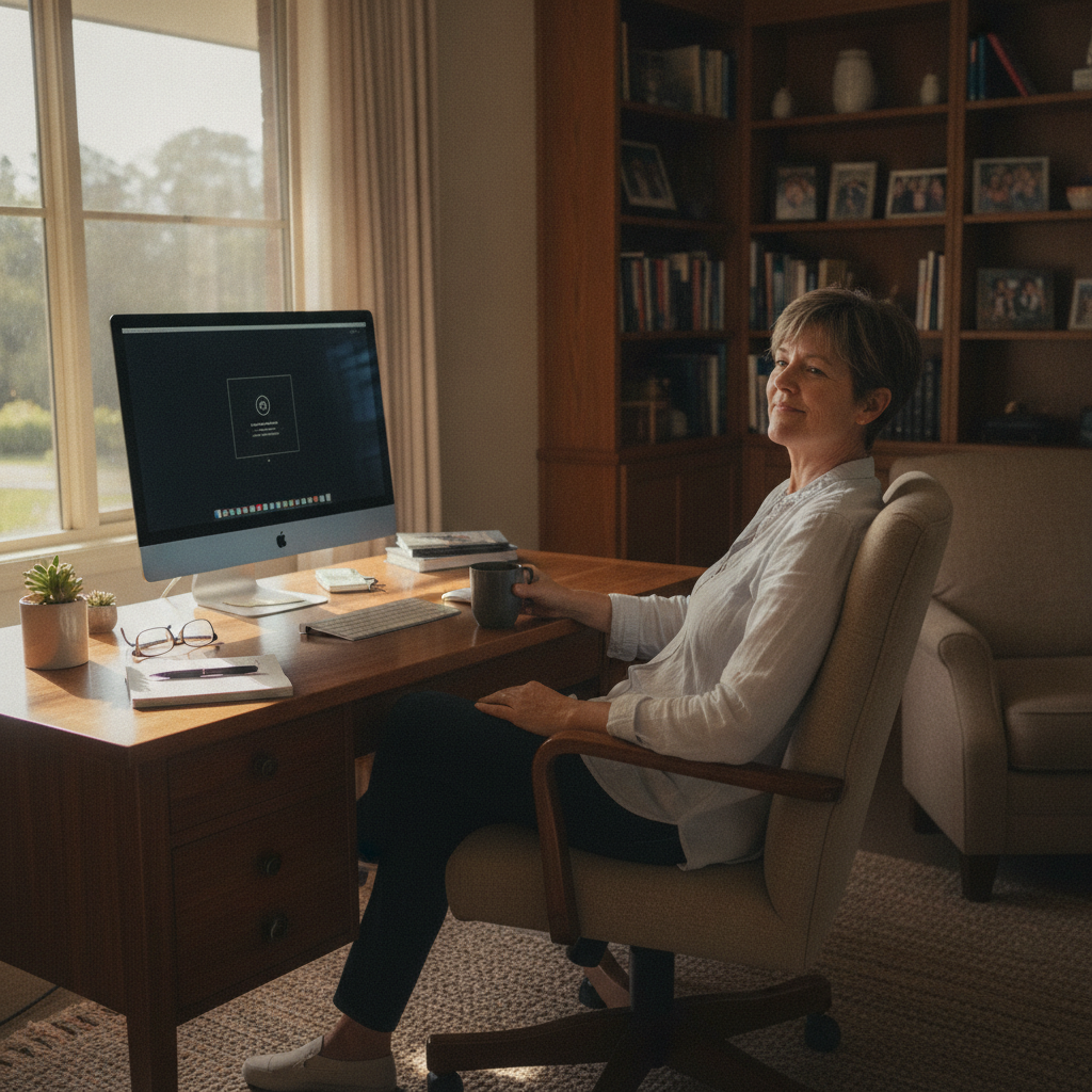 Professional computer clean-out in Tascott (2250) — a happy New South Wales resident at home with a spotless, fast, quiet machine