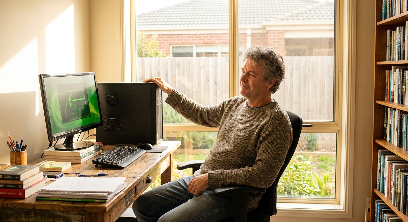 Professional computer clean-out in Taylors Hill (3037) — a happy Victoria resident at home with a spotless, fast, quiet machine